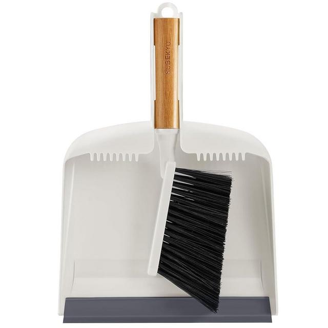 SUBEKYU Dustpan and Brush Set with Bamboo Handle, Hand Mini Broom and Dustpan Set, Small Broom and Dustpan Set for Kitchen/Desktops/Bedroom, White, 1 Set