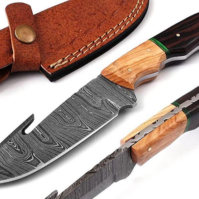 DAMASK HUT Handmade Damascus Steel Skinning Knife With Gut Hook 8'' Fixed Blade Damascus Hunting Knife With Leather Sheath Belt Knives For Men and Women 14101B
