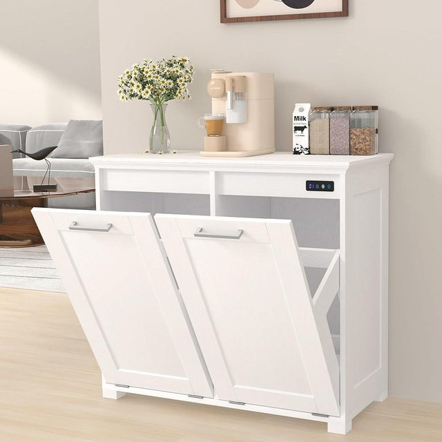 Ymise Tilt Out Trash Can Cabinet, Wooden Trash Cabinet with Deodorising Function, 20 Gallons Freestanding Dog-Proof Garbage Bin Cabinet for Home, Laundry Room, Kitchen and Living Room, White Finish