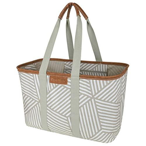 CleverMade 30L SnapBasket LUXE - Reusable Collapsible Durable Grocery Shopping Bag - Heavy Duty Large Structured Tote, Geometric Taupe
