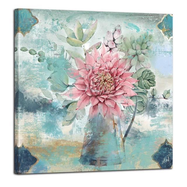 Anolyfi Pink Flower Canvas Wall Art Watercolor Picture Cactus Plants Painting Prints Framed Vintage Artwork for Bathroom Bedroom Living Room Kitchen Dinning Room Office Home Decor, 14"X14" One Panel