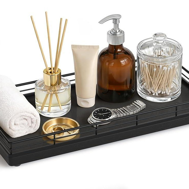 Bathroom Vanity Tray for Countertop, 12" x 6" Oak Wood Toilet Tank Tray with Metal Guardrail, Bathroom Organizer for Soap, Perfume & Skincare, Non-Slip Decorative Tray for Dresser & Vanity, Black