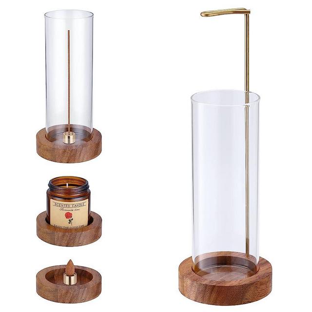 Uhetoice Incense-Stick Holder, Anti-ash Flying Incense Burner with Removable Glass Ash Collector, Wooden Tray and Brass Incense Stick Stand, for Relaxation Yoga Spa Mediation Home Déco