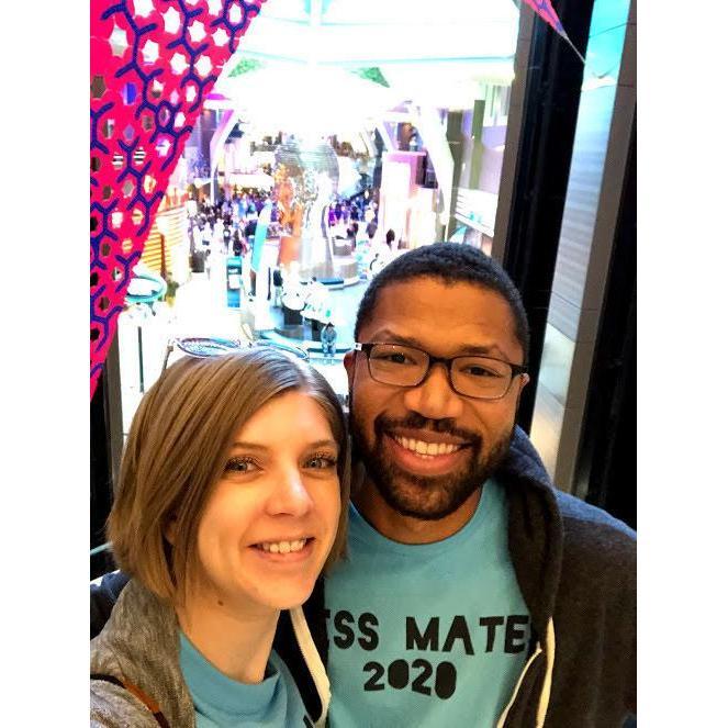 Our first picture during the 2020 cruise, wearing our matching Mess Mates t-shirts