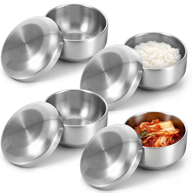 AOZUO 4 Sets 12 oz Stainless Steel Korean Rice Soup Bowl with Lid, Kitchen Restaurant Double-walled Anti Scalding Metal Bowls Multi-Purpose Insulated Bowls for Soup Snacks Cereal Noodles Salad