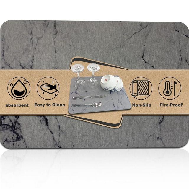 FLYWAKE Stone Drying Mat for Kitchen Counter , Quick Drying Diatomaceous Earth Stone Mat , Super Absorbent Marble Dish Drying Pad , Heat Resistant Non-Slip Rack Tableware Mat (Elegant Gray)