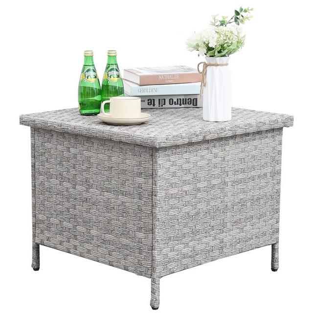 WAROOM Outdoor PE Wicker Side Table with Storage Patio End Table Resin Rattan Storage Table for Garden Backyard Porch Poolside, Grey