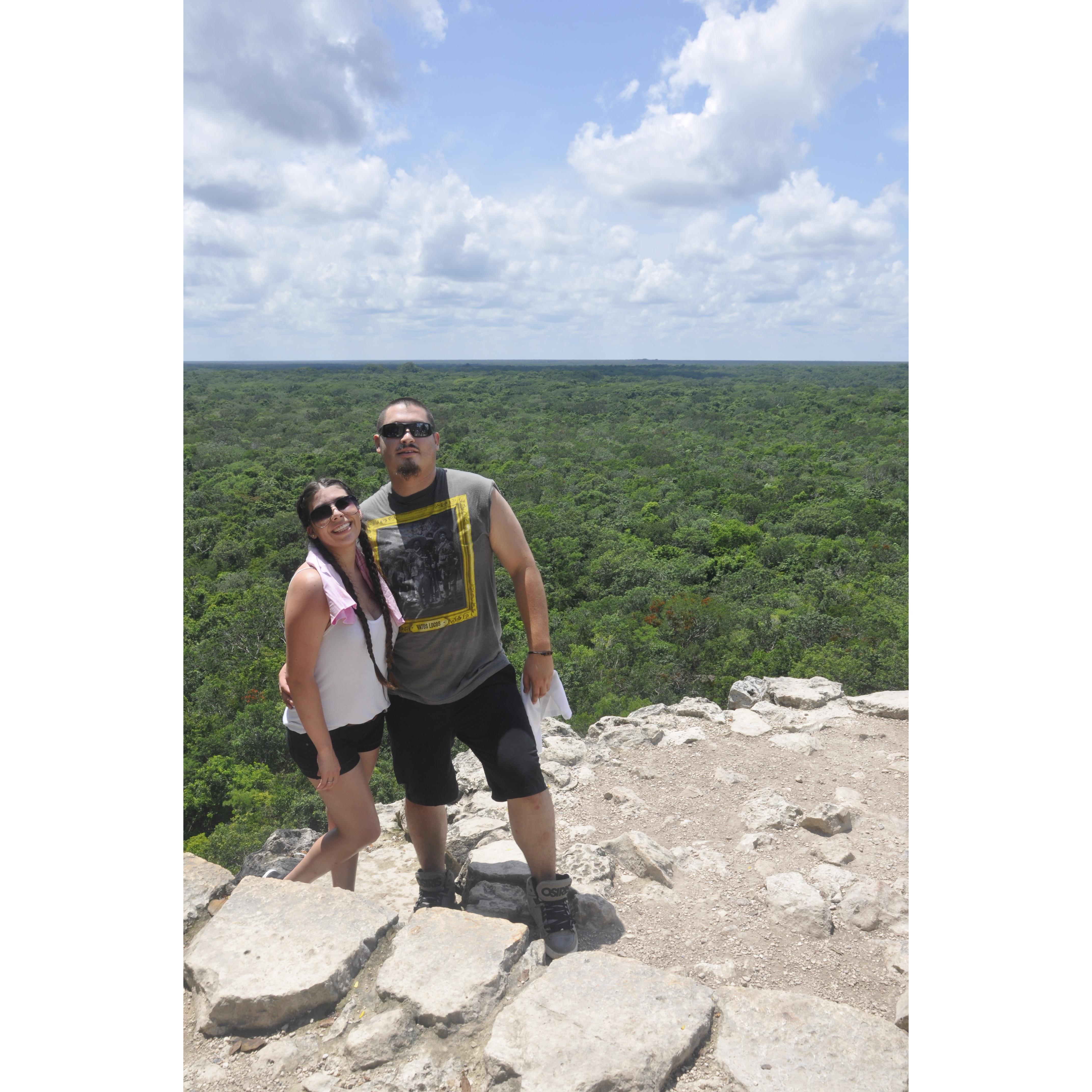 Climbing a Mayan ruin in Mexico