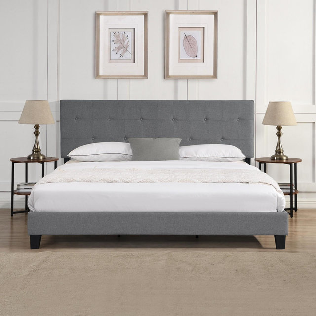 King Size Upholstered Platform Bed with Tufted Headboard and Strong Wood Slat Support for Bedroom, Gray