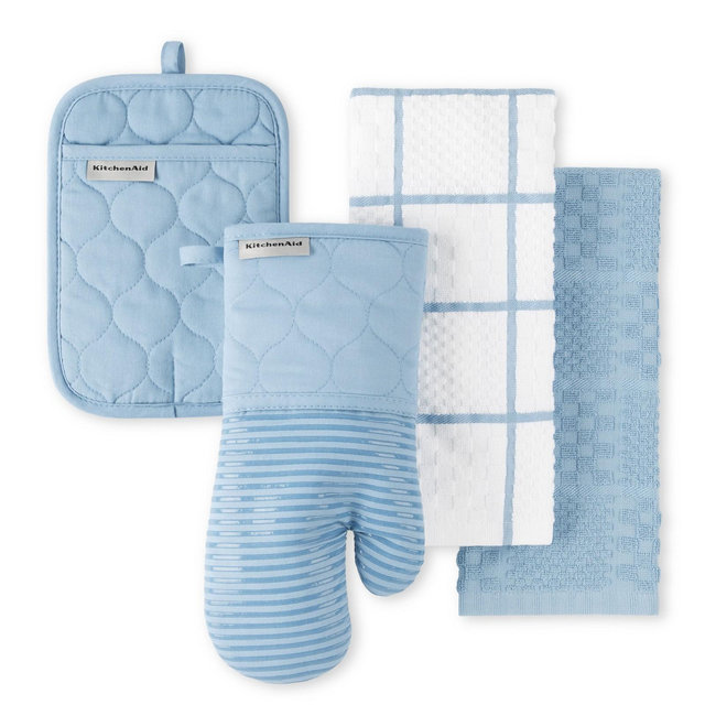 KitchenAid Onion Quilt Kitchen Towel, Oven Mitt & Potholder 4-Pack Set, Blue Velvet, 16"x26", 7"x13" & 7"x10"