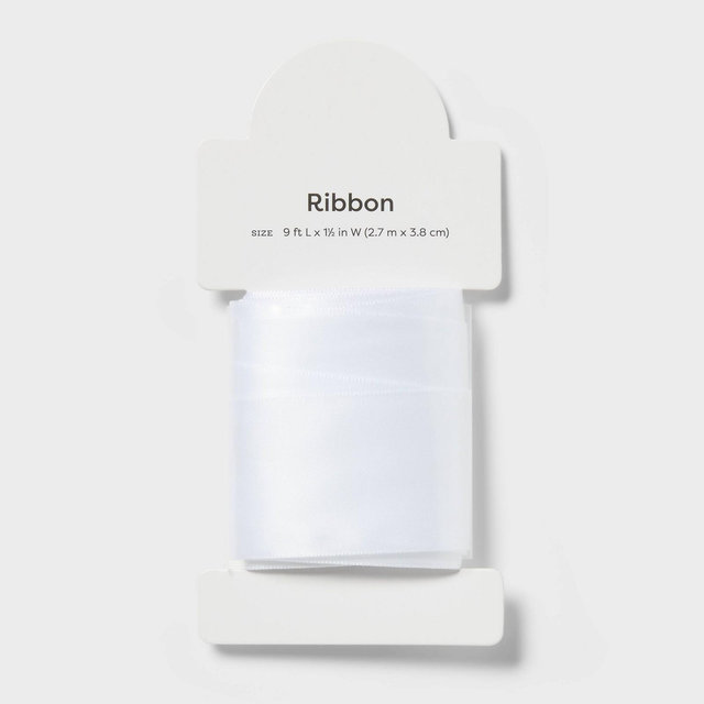 1.5"x9' Satin Gift Wrap Ribbon White - Spritz™