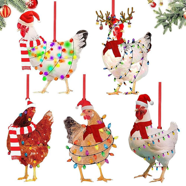 5 Pieces Christmas Chicken Ornaments Fun Scarf Chicken Festive Decoration Tree - Cute Hanging for Decor Indoors Home Party