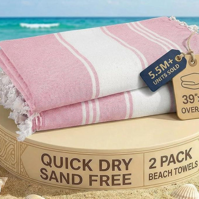 LANE LINEN Turkish Beach Towels, 2 Pack Extra Large Beach Towel, Pre-Washed for Soft Feel, Oversized Sand Free Quick-Dry Pool Towel, Beach Towels for Adults, 39"x71" - Candy Pink