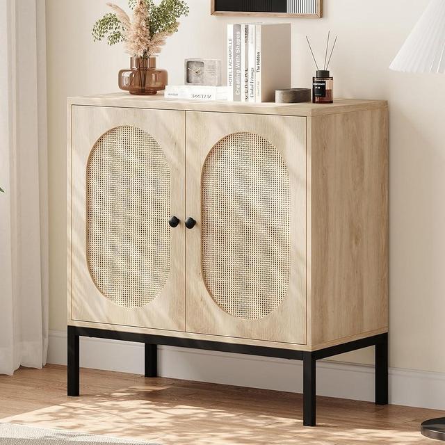 GAOMON Sideboard Buffet Cabinet, Rattan Storage Cabinet with Adjustable Shelves, Small Wood Console Cabinet with 2-Tier Storage for Dining Room, Kitchen, Living Room, Hallway - Natural