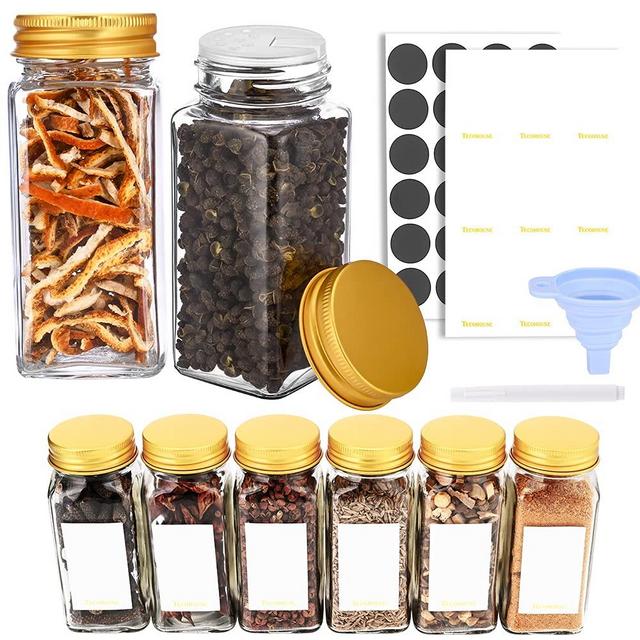 Tecohouse Glass Spice Jars with Airtight Golden Caps 8 Pack - 4 oz Empty Seasoning Bottles Containers with Blank 36 Round Label 18 Rectangle Label, Shaker Lids and Silicone Collapsible Funnel