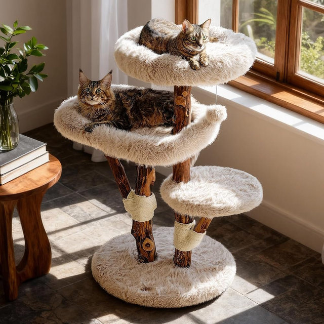 Sopapets Maine Coon Cat Tree for Large Cats, Solid Wood Cat Tower with Removable Cushions and Sisal Scratching Posts, Modern Boho Aesthetic Cat Furniture