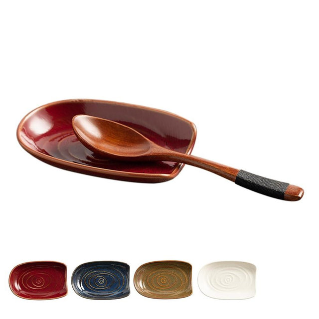 Zerokyclan Coffee Spoon Rest for Kitchen Counter Ceramic Spoon Holder for Stove Top Heat Resistant Utensil Rest Dishwasher Safe (red)