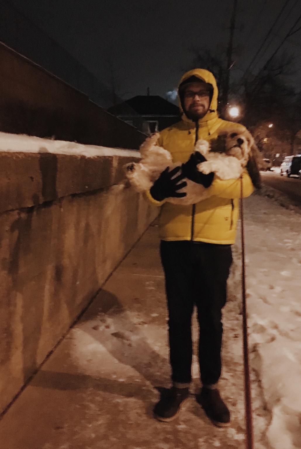 Poor Tibbs starts limping when his paws get too cold. Zach carried him home.