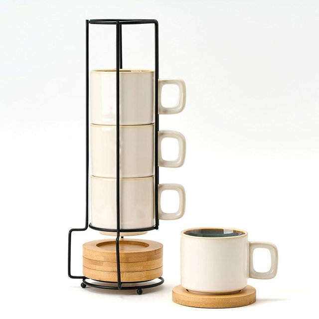LUKA Porcelain Stackable Espresso Cups with Saucers and Metal Stand, 4 Ounce Small Ceramic Demitasse Cups Set for Latte, Specialty Coffee Drinks, Cafe Mocha,Tea - Set of 4, White Green Interior