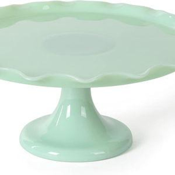 Martha Stewart Highbrook 11" Jadeite Glass Cake Stand – Handmade Vintage-Style Dessert Stand with Ruffle Trim, Decorative Pedestal Cake Plate for Display & Serving
