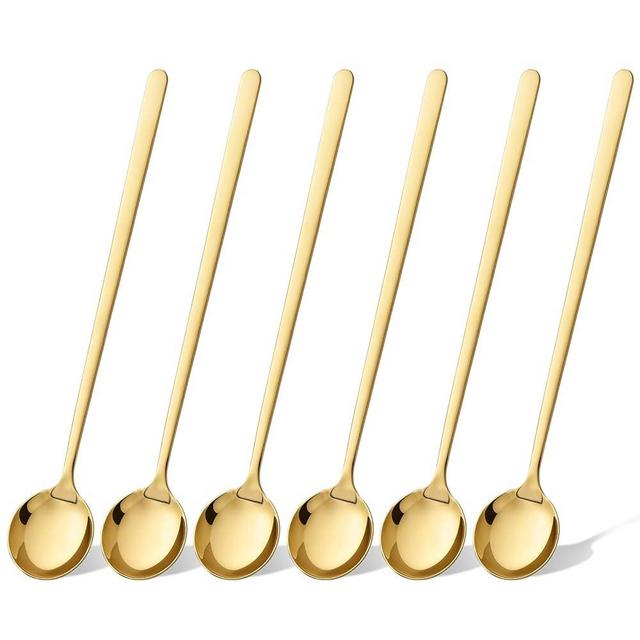 6 PCS 6.7" Gold Long Handle Coffee Spoon, Stirring Spoons with Long Handle, Coffee Bar Accessories Stainless Steel Tea Spoons Round Dessert Spoons for Stirring Coffee, Drinks, Mixing Milkshakes, Etc