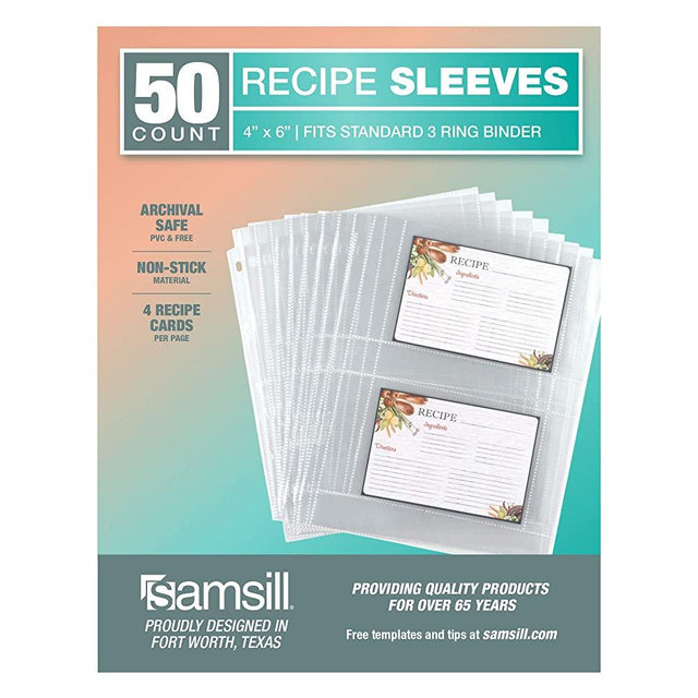 Samsill 50 Pack Clear 4x6 Recipe Card Protectors, Recipe Organizer Fits Standard 3 Ring Binders