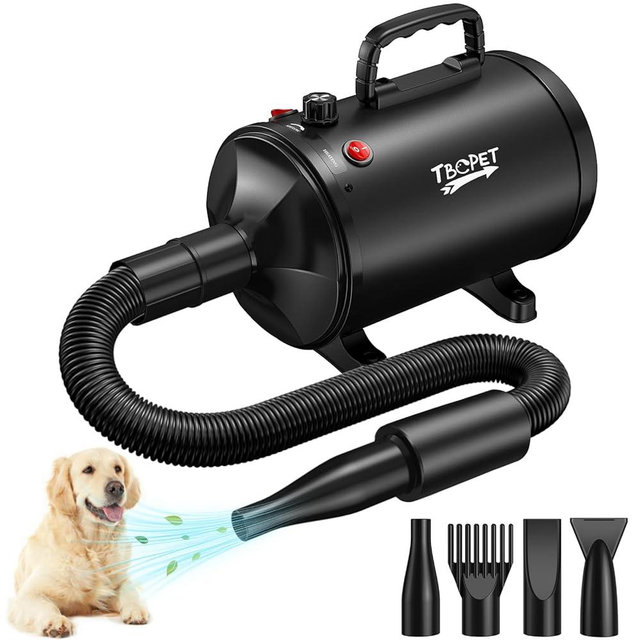 Dog Dryer High Velocity Dog Hair Dryer with 4 Nozzles 5.2HP/3800W (Professional Super Cyclone), Stepless Adjustable Speed Temperature Dogs Grooming Blow Dryer with Heater for Pets Hair Dryer, Black