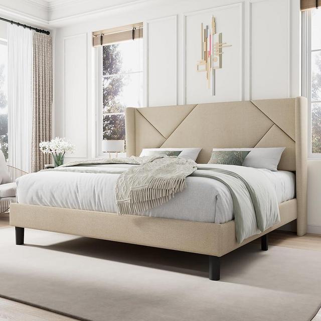 iPormis King Size Platform Bed Frame with Headboard, Upholstered Bed Frame with Solid Wood Slats, 8" Storage Space, No Box Spring Needed, Easy Assembly, Beige
