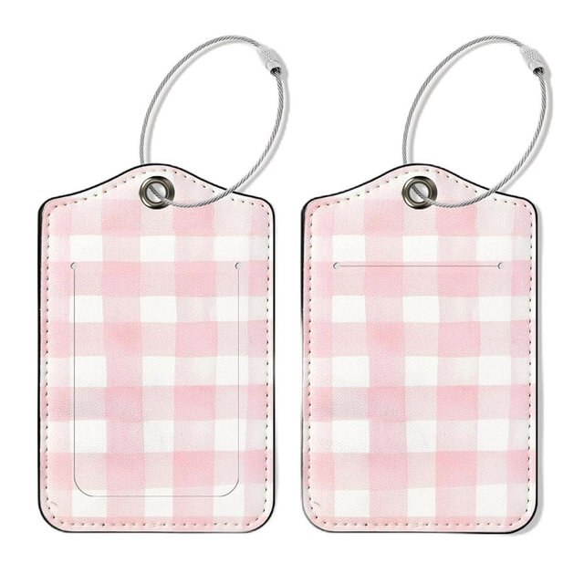 Seorsok 2Pcs Luggage Travel Tags for Suitcases,Cute Light Pink Checkered PU Leather Name Tag with Privacy Cover&ID Label Address Card and Durable Metal Ring Suitable for Men Women Handbags Backpack