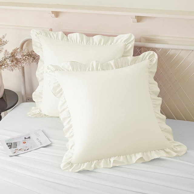 KKJIAF Ruffle Pillow Cases 26x26 Inches, Beige Square Ruffled Pillow Covers Set of 2, Microfiber Wrinkle Resistant Pillow Shams with Envelope Closure for Sofa Bed Living Room