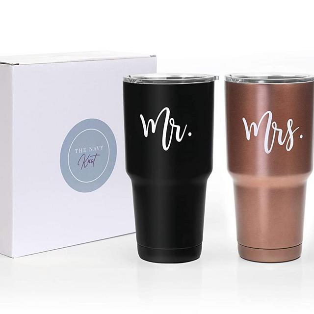 Mr & Mrs Double Wall Steel Tumbler Set – Black and Rose Gold Vacuum Insulated Wine Tumblers – 30Oz Black & White His and Hers Wine Cups – Temperature Control & BPA-Free Lid – Bride Groom Gift