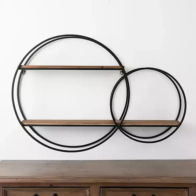 Double Circle Metal and Wood Wall Shelf