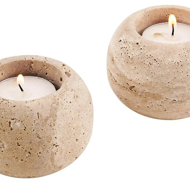 SPESHSTONES Marble Tealight Candle Holders 4 Inch Travertine Votive Candles Holder and Tea Lights Candles Set of 2 for Birthday, Wedding and Dining Table Centerpiece Decor