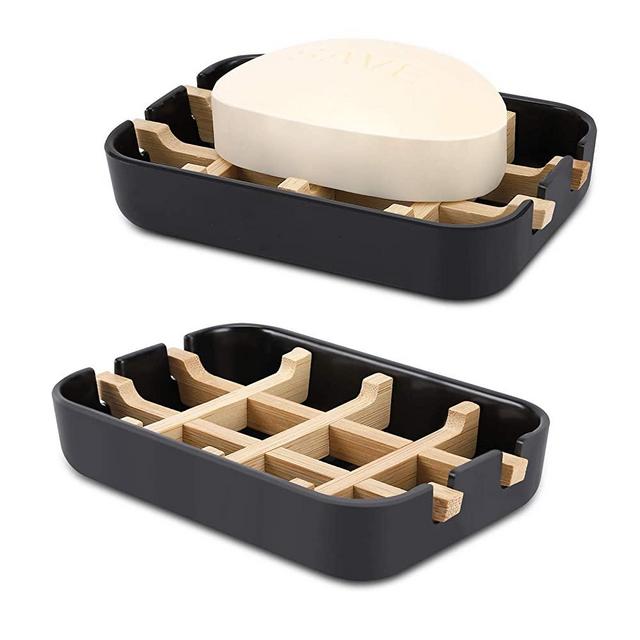 Fufengz Bamboo Wooden Soap Dishes for Bathroom Bar Soap Holder Shower Soap Holder Sink Deck Bathtub Shower Tray (One Pieces Black)
