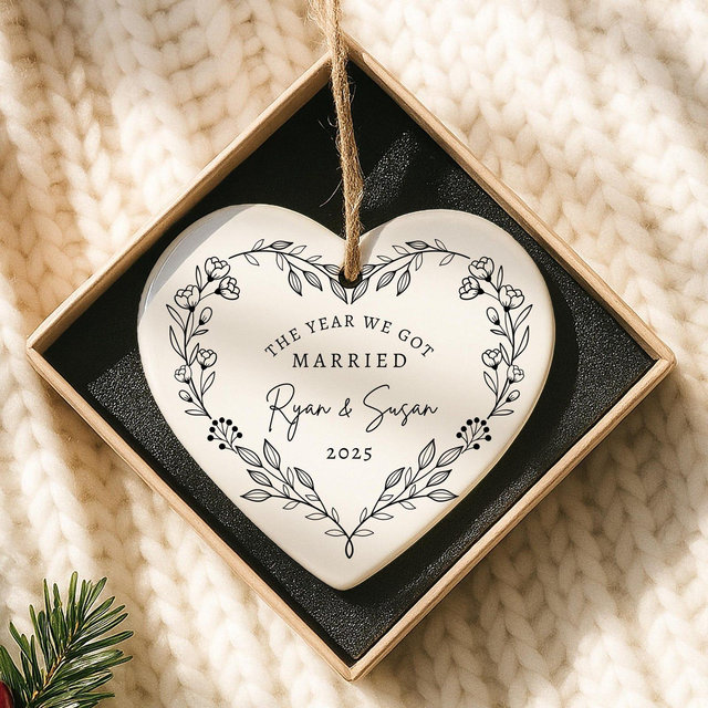 First Christmas Married Ornament, Personalized Wedding Ornament, 1st Christmas As Mr and Mrs Ornament, Newlywed Couple Heart Bauble