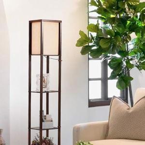 Brightech Maxwell - Modern Shelf Floor Lamp with Lamp Shade and LED Bulb - Corner Display Floor Lamps with Shelves for Living Room, Bedroom and Office - Havana Brown