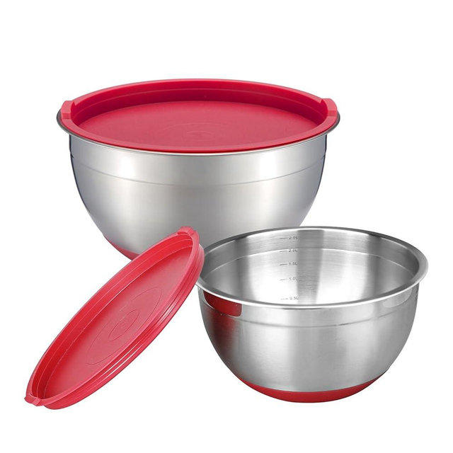 MARSKITOP Mixing Bowls with Lids Set Stainless Steel Nesting Mixing Bowls with Airtight Lids, Measurment Marks and Red Non-Slip Bottoms, Great for Mixing and Serving, 3QT & 5QT