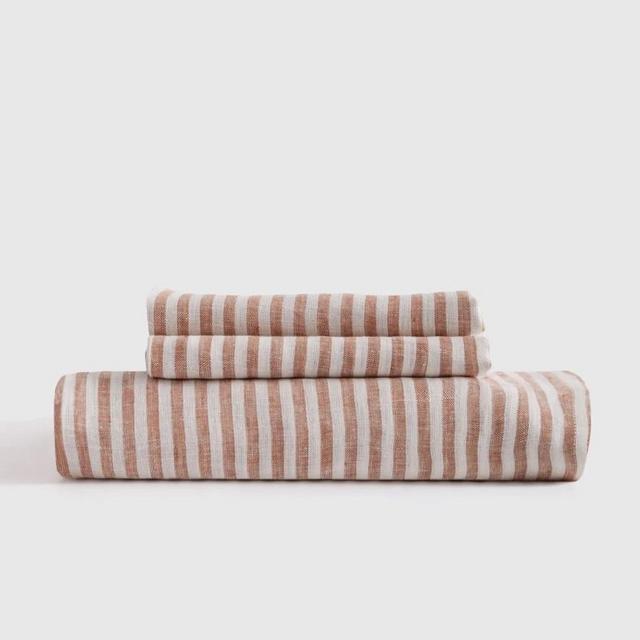 European Linen Fitted Sheet Set (Teracotta/White Stripe, King)