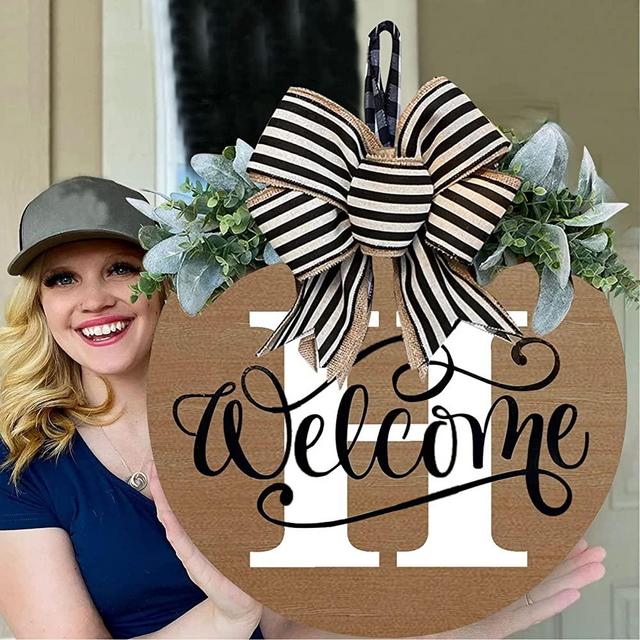 Last Name Welcome Signs Round Front Door Wreath with Bow, 11.8" Optional Personalized Creative 26 Letter Farmhouse Wreath for Front Door Spring All Seasons Outside Hanger Decor Gift (H)