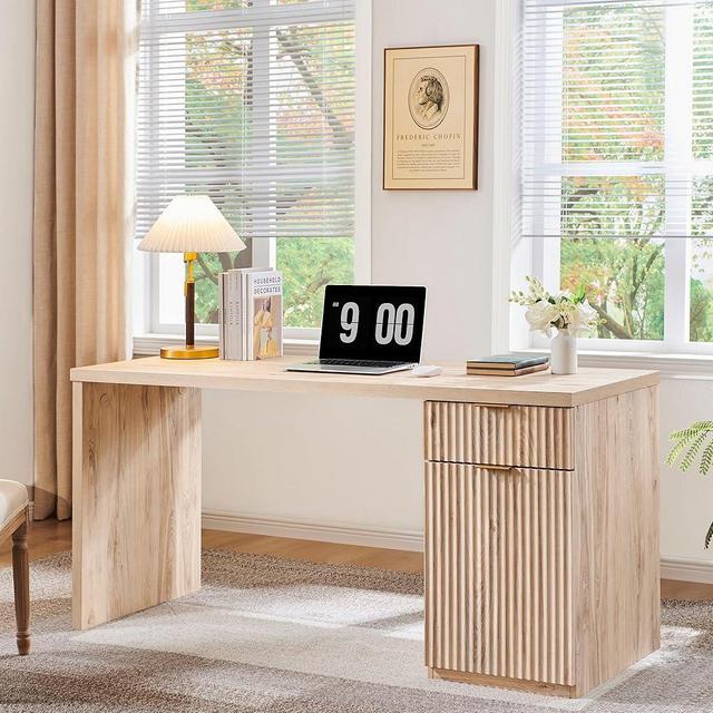 JXQTLINGMU 60" Modern Executive Desk with Storage, Wood Home Office Desk with Drawer & Cabinet, Fluted Computer Writing Desk for Study, Living Room, Bedroom, Natural Oak
