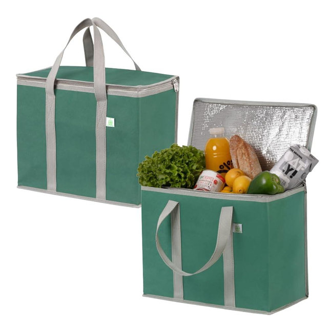 VENO 2 Pack Cooler Bag and Insulated Grocery Bags for Food Delivery, Collapsible Cooler, Reusable Shopping Bags for Groceries with Zipper, Foldable, Heavy-Duty, Stands Upright (Green, 2 Pack)