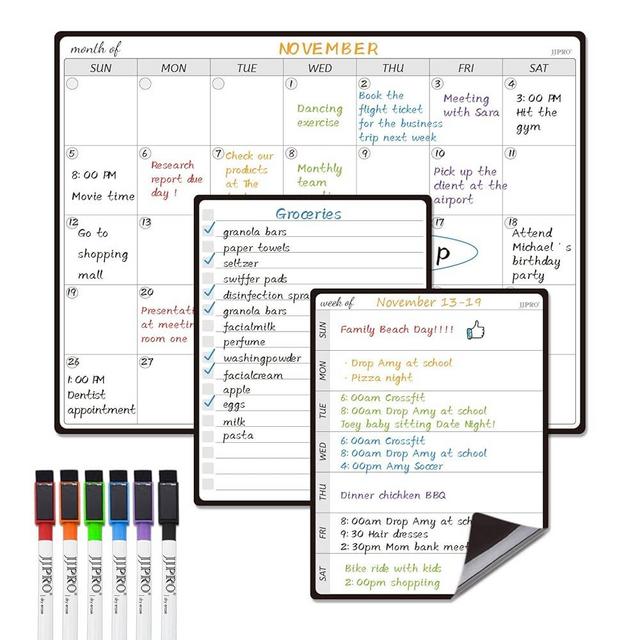 JJPRO Magnetic Monthly Calendar Whiteboard Set for Fridge-Monthly Planning Board and Two Bonus Dry Erase Grocery Board&Weekly Menu Board-Meal Planner Whiteboard/to-Do List-6 Markers