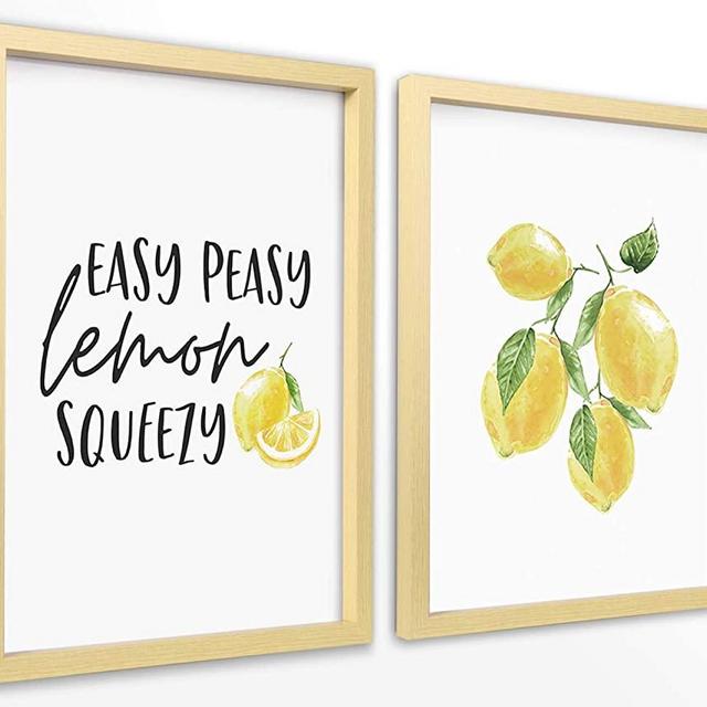 ArtbyHannah 12x16 Inch 2 Pack Framed Fruit Kitchen Wall Art Decor with Lemon and Inspirational Saying Art Print,Modern Decorative Poster Artworks with Log Picture Frame for Living room ,Bedroom Bathroom or Home Decoration