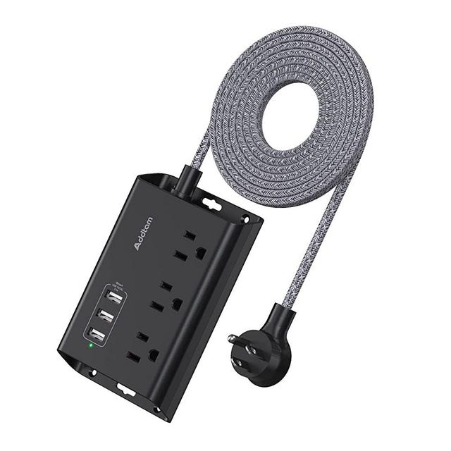 Power Strip with USB - Addtam ETL Certificate Flat Plug Extension Cord with 3 USB Ports, 5 Feet Braided Cord, Desktop Small Travel Power Strip for Cruise Ship, Home, Office Black