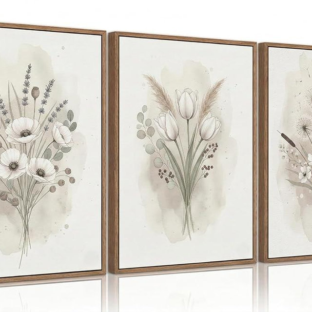 Framed Neutral Floral Wall Art Set of 3, Vintage Botanical Wildflower Canvas Artwork Prints Rustic Beige Farmhouse Paintings Pictures for Living Room Bedroom, Wooden Frame Wall Decor