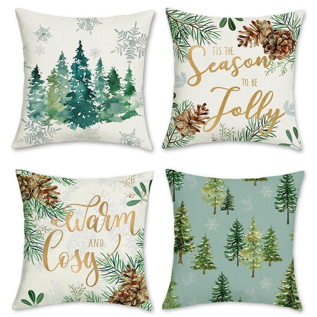 Bonhause Winter Pine Tree Throw Pillow Covers 18 x 18 Inch Pine Needles Cone Snowflake Decorative Pillows for Couch Sofa Christmas Winter Holiday Decor Set of 4