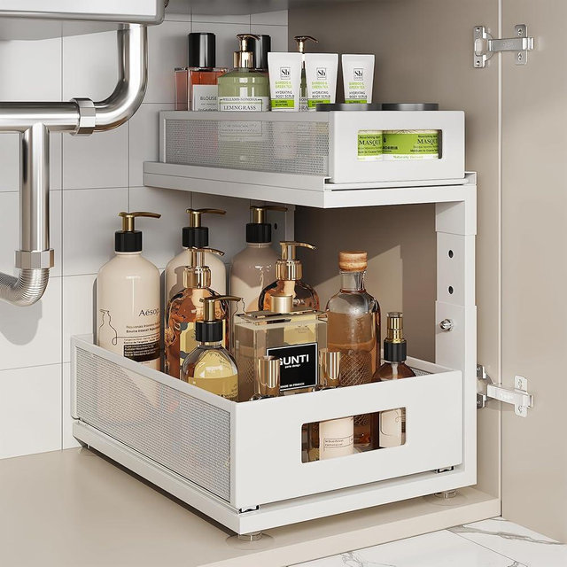 Corbyles 1 Pack 15.74IN-Depth Under Sink Organizer with Next-Gen Ball-Bearing Slides,2-Tier Pull Out Cabinet Storage,Height Adjustable Drawer Shelf for Bathroom,Kitchen,Laundry,Cabinet,Pantry-White