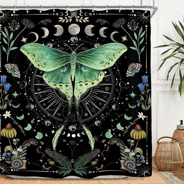 Miyotaa Moth Witchy Gothic Shower Curtain Set 71Wx71H Inches Moon Phase Teal Wildflower Plant Mysterious Night Moonlit Butterfly Botanical Tarot Polyester Bathroom Curtain with 12 Hooks
