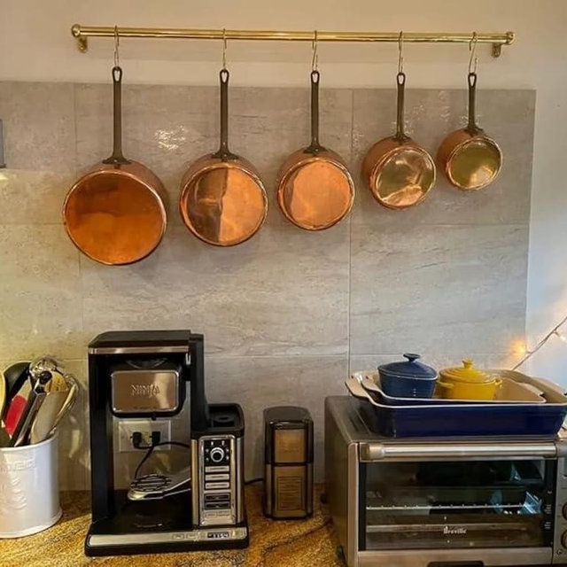 Unhlacquered Brass Wall Mount Pot Rack - 30 INCH Brass Pot Rail with S Hooks