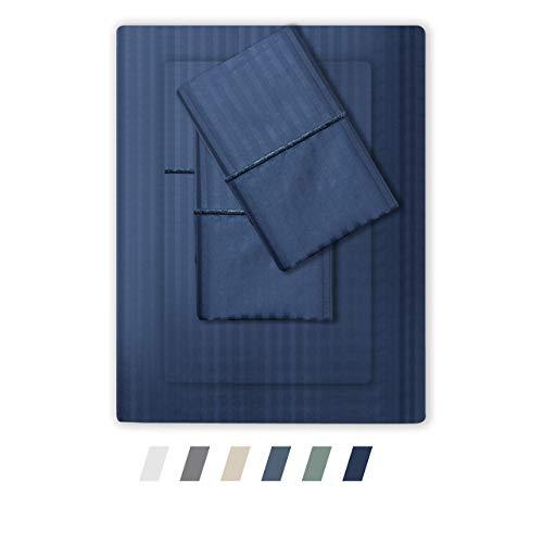 Feather & Stitch 500 Thread Count 100% Cotton Stripe Sheets + 2 Pillowcases, Soft Sateen Weave, Deep Pocket, Hotel Collection, Luxury Bedding Set (Dark Blue, Queen)
